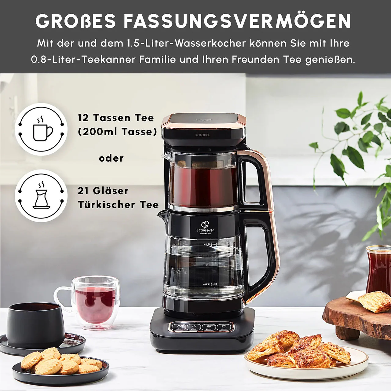 Karaca Caysever Robotea Pro 4 in 1 sprechender automatischer Glas Teekocher Schwarz,Kupfer - Image 3