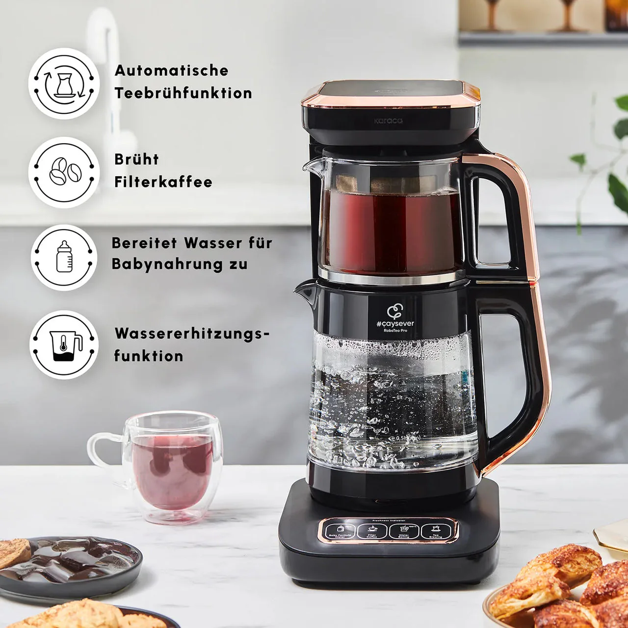 Karaca Caysever Robotea Pro 4 in 1 sprechender automatischer Glas Teekocher Schwarz,Kupfer - Image 4