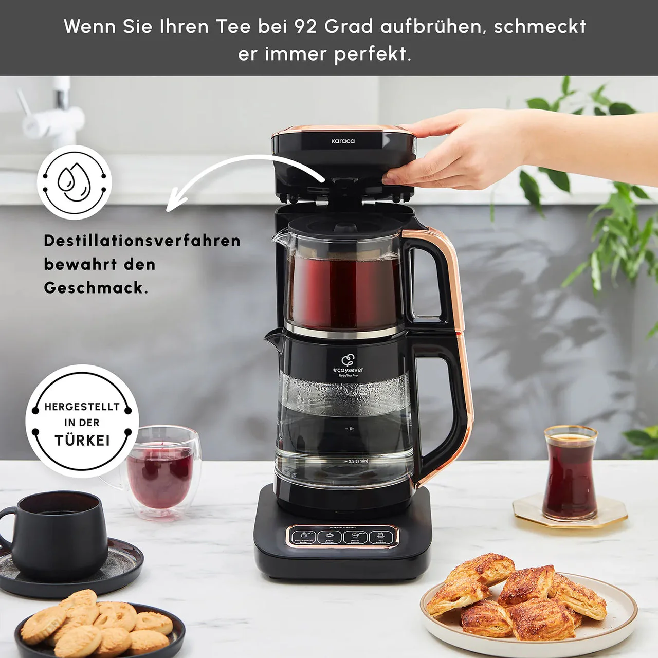 Karaca Caysever Robotea Pro 4 in 1 sprechender automatischer Glas Teekocher Schwarz,Kupfer - Image 5