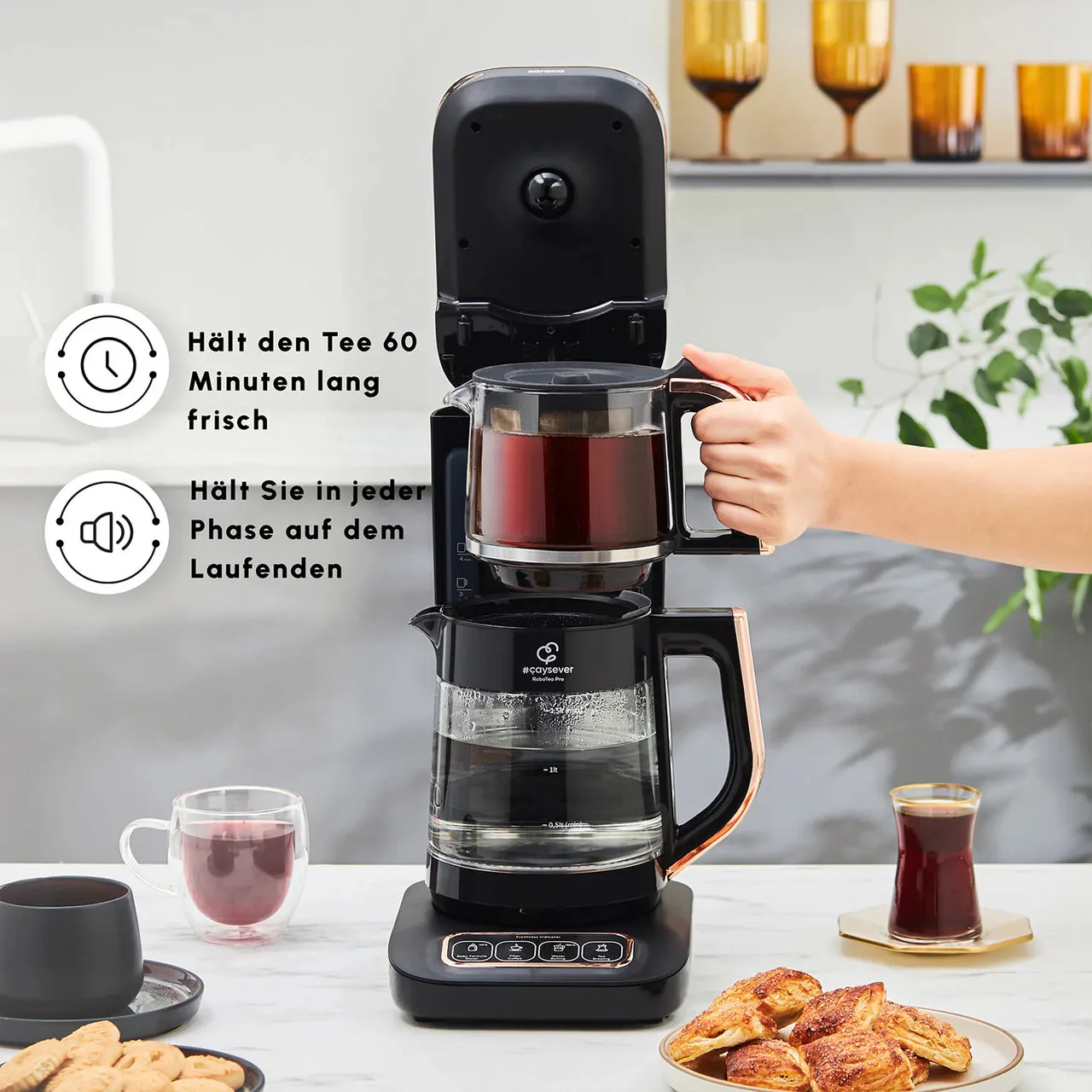 Karaca Caysever Robotea Pro 4 in 1 sprechender automatischer Glas Teekocher Schwarz,Kupfer - Image 6